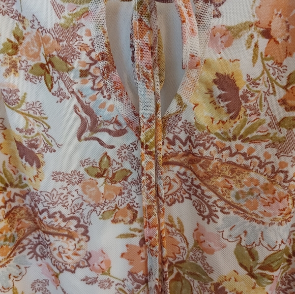 Joie de Vie peasant top Sz XL Orange & gold Paisley ruffled sleeves Boho Flowy - Picture 3 of 5